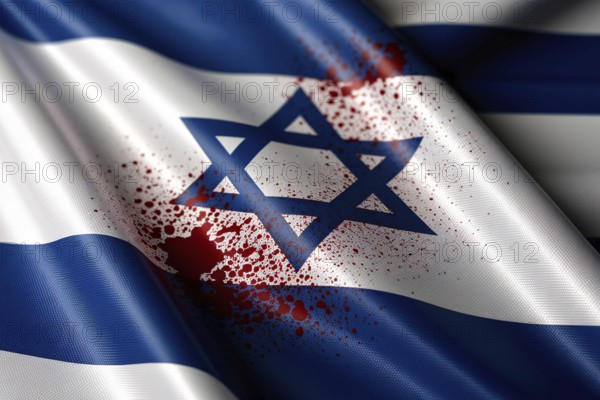 Israeli flag with red splatter. Symbol of war with palestine. Generative AI, AI generated