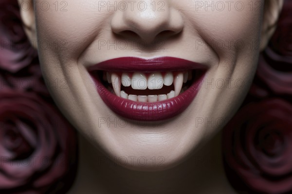 Close up of woman's mouth with burgundy red lipstick and long vampire fangs. Generative Ai, AI generated