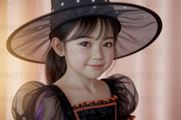 Asian girl child in halloween witch costume with hat and dress. Generative AI, AI generated