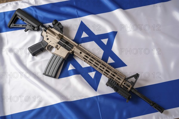Modern military rifle placed on Israeli flag. Symbol of nationalism, power, and conflict. Generative ai, AI generated
