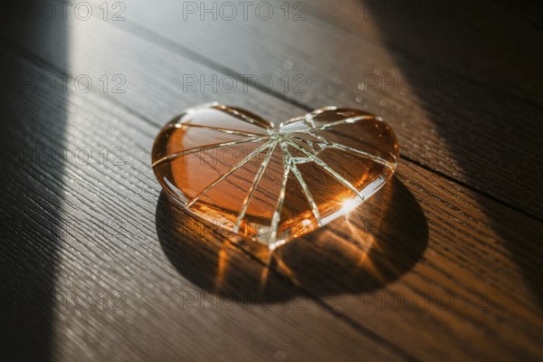 Shattered glass heart on wooden floor. A poignant symbol of love, loss, and emotional vulnerability. Generative AI, AI generated