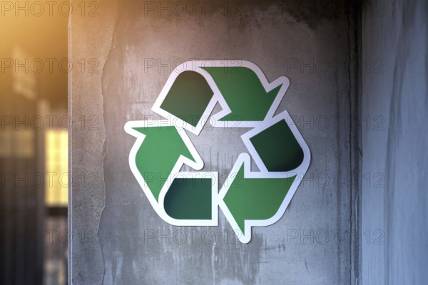 A green recycling symbol sticker on a weathered gray concrete wall. Warm sunlight highlights the textured surface and eco-friendly message. Generative ai, AI generated