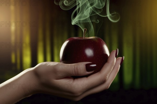 A woman's hand with dark red painted nails holds a dark red apple with green smoke rising from it. Poison apple. Generative AI, AI generated