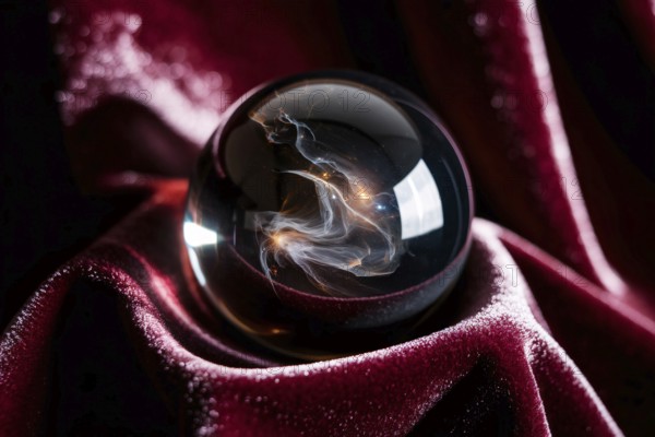 Dark crystal ball resting on velvet fabric. A mystical symbol of witchcraft, fortune telling, and spiritual insight.. Generative Ai, AI generated