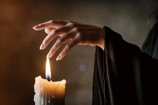 Hand above flickering candle flame. A moment of witchcraft, mystery, and feminine power. Generative ai, AI generated