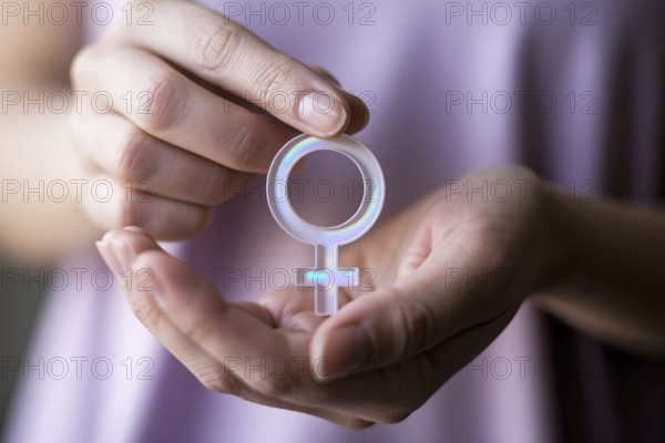Woman's hands gently holding female gender symbol. A serene representation of femininity, identity, and empowerment. Generative Ai, AI generated