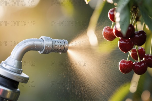 Close-up of pesticide sprayer aimed at ripe cherries on tree. Concept of farming practices, chemical treatment, and food safety concerns. Generative ai, AI generated