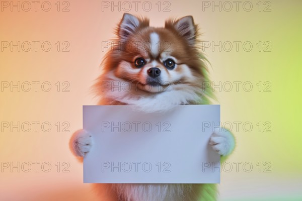 Cute pomeranian dog holding blank white sign against pastel studio background. Charming pet with fluffy fur in soft lighting. Generative ai, AI generated