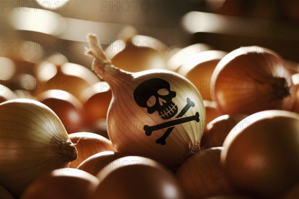 Painted skull on onion highlights hidden dangers in everyday food, generative ai, AI generated