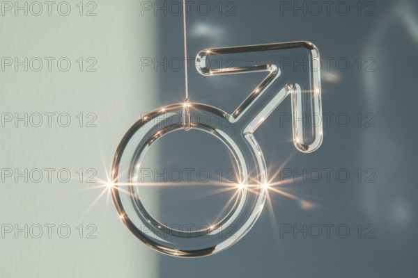 Male gender symbol made out of glass symbolizing fragile masculinity. Generatrive ai, AI generated