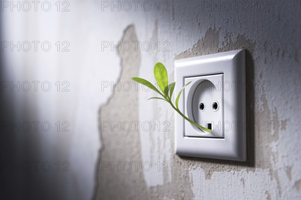 European power outlet with green leaf sprout. A visual metaphor for sustainable electricity and green energy innovation.. Generative ai, AI generated
