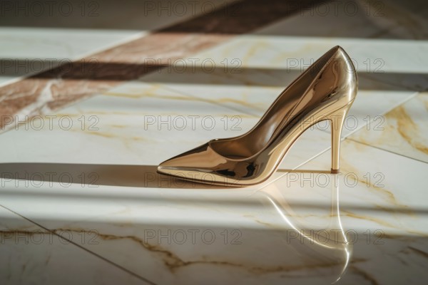 Elegant high heel with golden sole on marble floor. A luxurious composition of fashion and refined interior style. Generative ai, AI generated