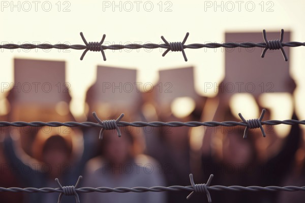 Barbed wire fence with blurred protesters in background. A haunting depiction of resistance at borders and prisons. Generative ai, AI generated