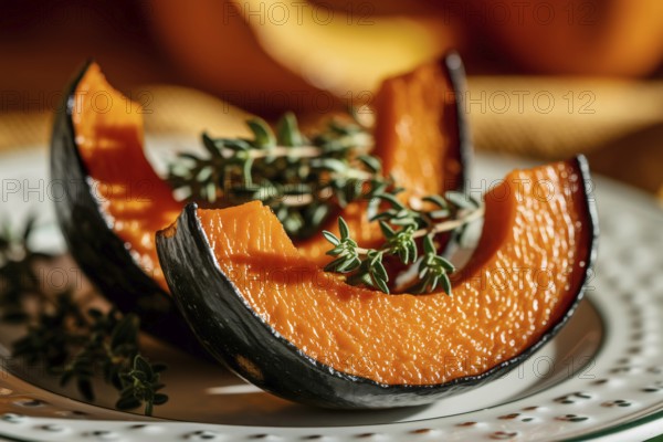 Roasted pumpkin slices with thyme. A warm and appetizing display of seasonal plant-based cuisine. Generative Ai, AI generated