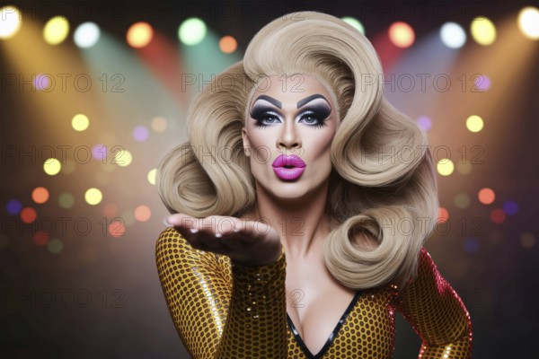 Drag queen blowing a kiss under nightclub lights. A glamorous portrait of self-expression and pride. Generative ai, AI generated
