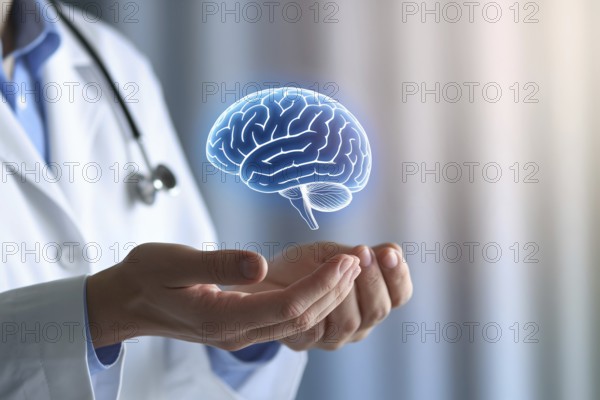 Doctor holding glowing virtual brain in modern medical office. Generative Ai, AI generated