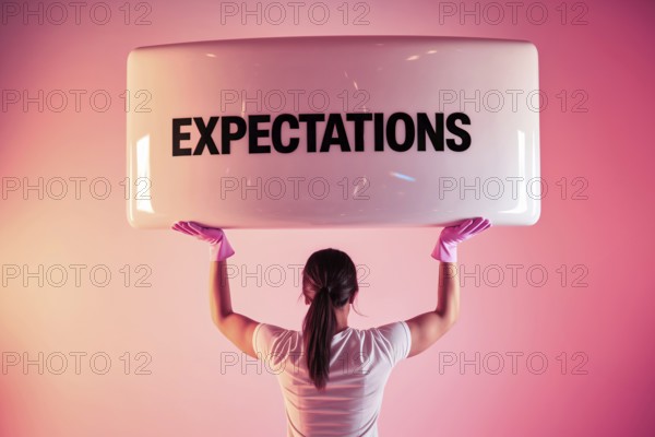 Woman straining under block labeled expectations with pink gloves, symbolizing gender stereotypes and social pressure. Generative AI, AI generated