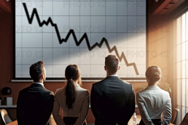 Back view of business people looking at graph with stock market crash. Concept of financial loss, economic downturn, and emotional impact of market volatility. Generative ai, AI generated
