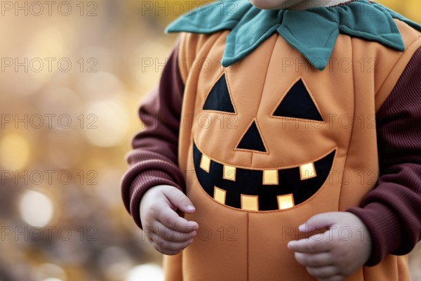 Close up Jack-o'-lantern face on child's pumpkin costume. Concept of Halloween detail, seasonal charm, and playful autumn celebration. Generative Ai, AI generated