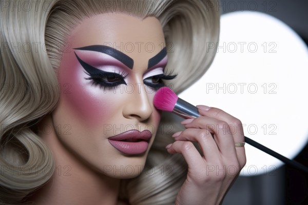 A drag queen applying vibrant pink blush in warm studio light, highlighting flawless skin and makeup artistry. Generative AI, AI generated