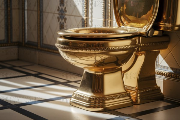 Open golden toilet bowl with filigree detail on marbled floor in warm ambient light. Concept for excessive decadent wealth. Generative AI, AI generated