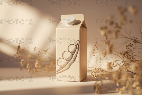 Minimalist soy milk carton with hand-drawn soybean pod design in soft morning sunlight on warm blurred natural background. Generative AI, AI generated