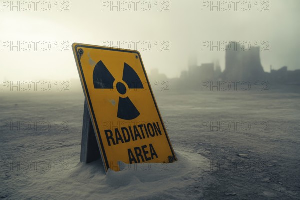 Radiation warning sign in scorched earth. Symbol danger of nuclear war and environmental decay. Generative ai, AI generated