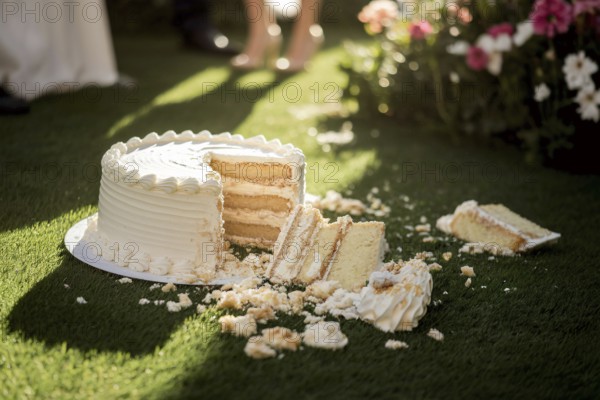 Shattered wedding cake lies in disarray on lush green lawn in warm golden sunlight. Generative ai, AI generated