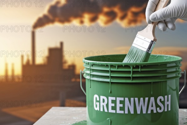 Greenwahsing concpet. Gloved hand stirs greenwash paint in front of smoking factory background. Generative ai, AI generated