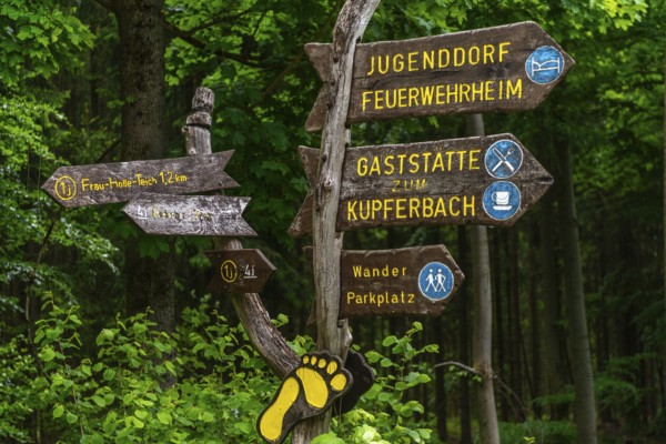 Signpost with directions of the hiking trails, Frau Holle pond and car park, GEO nature park Park Frau Holle Land am Meissner, low mountain range, legendary figure, home of the fairy tale, information, district of Kassel, Fulda Werra Bergland, Germany