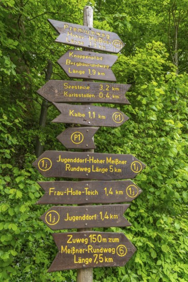 Signpost with directions for hiking trails and premium trails, GEO nature park Park Frau Holle Land am Meissner, low mountain range, legendary figure, home of the fairy tale, information, Kassel district, Fulda Werra Bergland, Germany