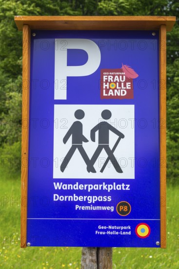 Information board at the Premium Trail Dornberg Pass hiking car park, GEO nature park Park Frau Holle Land am Meissner, low mountain range, legendary figure, home of the fairy tale, Kassel district, Fulda Werra Bergland, Germany