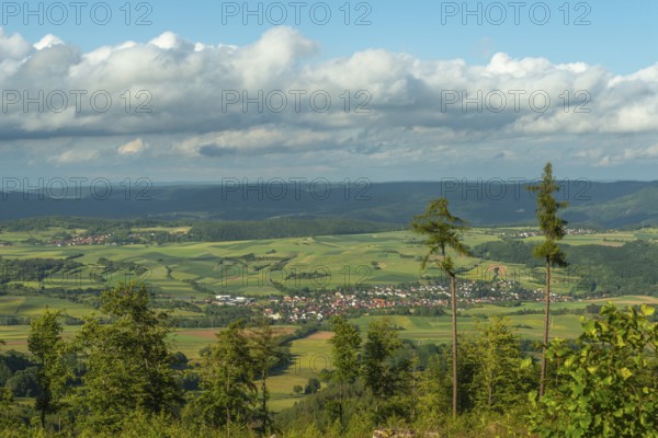 GEO nature park Park Frau Holle Land am Meissner, view from the coal road into the Berka valley, agriculture, fields, forests, places, fir trees, low mountain range, legendary figure, home of the fairy tale, blue sky, clouds, district of Kassel, Fulda Werra Bergland, Germany