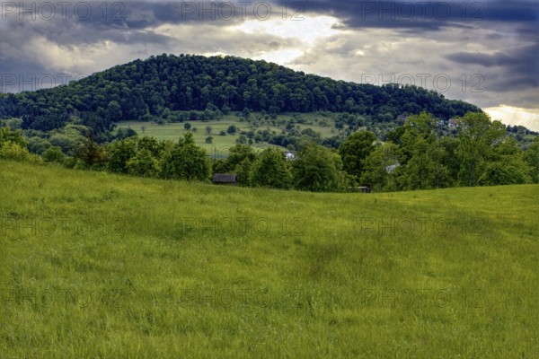 Hilly landscape with wide green meadows and wooded areas under a cloudy sky, Bad Boll, Baden-Württemberg