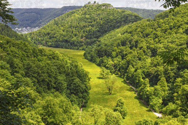 Magnificent view from the rock of the Urach waterfall into the wide Maisental valley with a green meadow surrounded by wooded hills, Bad Urach