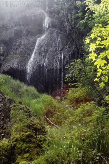 Refreshing waterfall (Urach waterfall) flows over rocks in lush green surroundings, Bad Urach