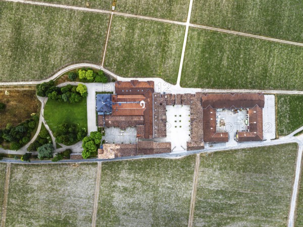 Top Down over Chateau Pontet-Canet Vineyard and grape fields around Pauillac and Gironde Estuary from a drone, Bordeaux, Gironde, Nouvelle-Aquitaine, France