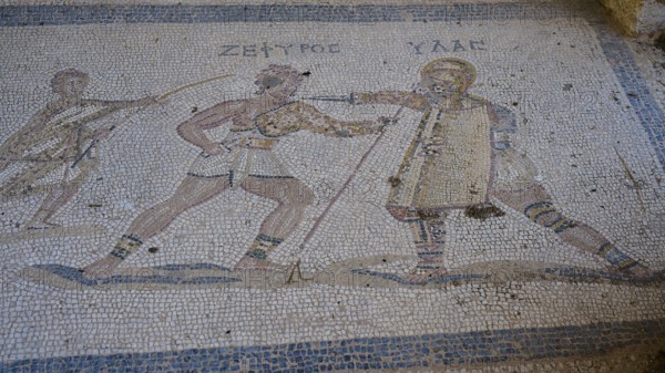 Ancient mosaic with fighting figures, depicting classical dress and movements, Gladiatorial combat, Archaeological site, House of Europe, Western excavation, Kos town, Kos, Dodecanese, Greek Islands, Greece