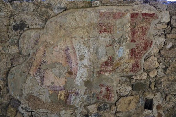 Weathered ancient mural shows fragments of colours and details, Archaeological Site, House of Beluga (sturgeon), Western Excavation, Kos Town, Kos, Dodecanese, Greek Islands, Greece