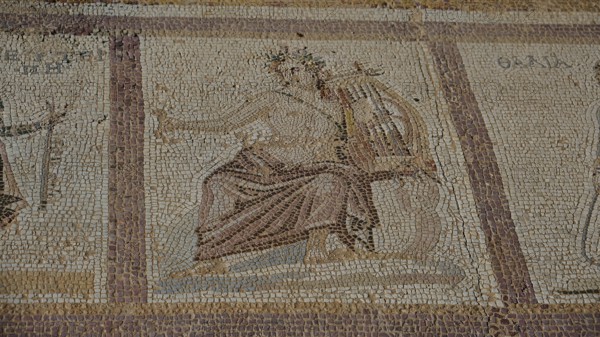 Ancient mosaic of a seated figure with lute, mythological impression, Archaeological Site, Western Excavation, Kos Town, Kos, Dodecanese, Greek Islands, Greece
