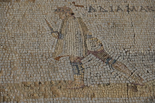Ancient mosaic of a man with a sword in his hand, Archaeological Site, Western Excavation, Kos Town, Kos, Dodecanese, Greek Islands, Greece