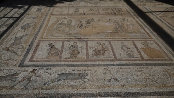 Overview of an ancient mosaic with several figurative and scenic depictions, Archaeological Site, Western Excavation, Kos Town, Kos, Dodecanese, Greek Islands, Greece