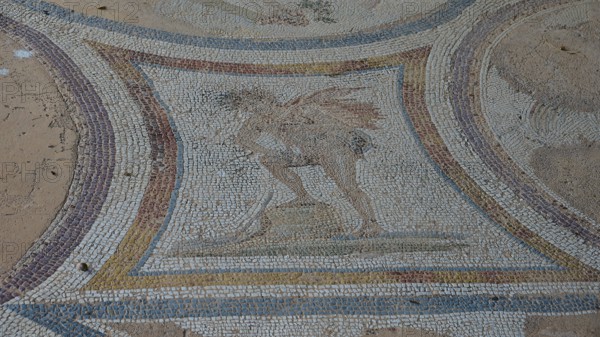Ancient mosaic with a winged figure, artistically designed, Archaeological Site, Western Excavation, Kos Town, Kos, Dodecanese, Greek Islands, Greece