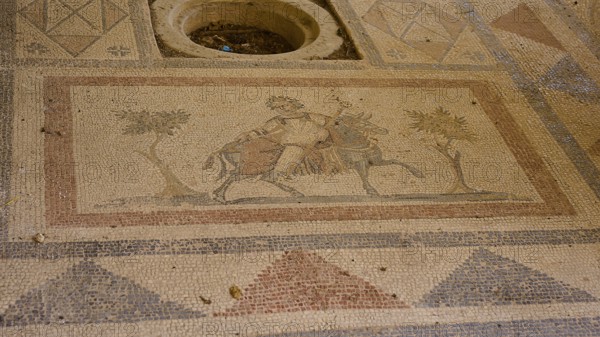 Ancient mosaic with figures and geometric patterns, showing people and a horse, Archaeological Site, House of Europe, Western Excavation, Kos Town, Kos, Dodecanese, Greek Islands, Greece