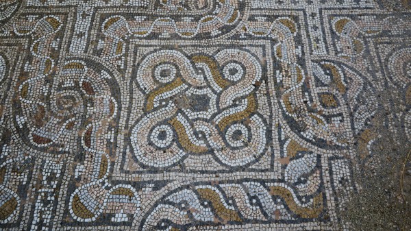 Close-up of an ancient mosaic floor with mostly round patterns, Archaeological Site, Western Thermae, Western Excavation, Kos Town, Kos, Dodecanese, Greek Islands, Greece