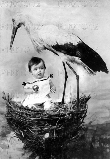 Baby nest stork, 1920, Child sitting in a stork's nest next to a stork in a surreal scene, Historical photo