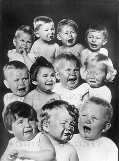 Crying babies, 1930s, Several babies and toddlers crying and showing unhappy faces, Historical photo