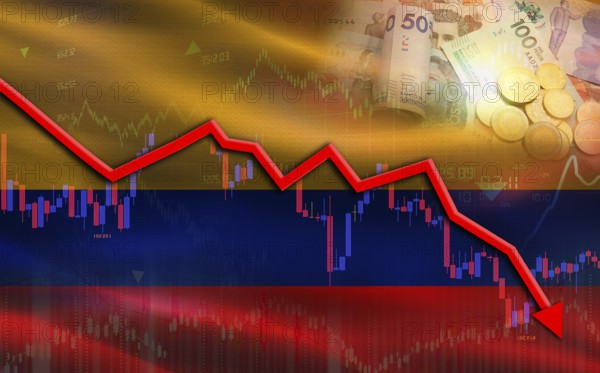 Colombia financial fall on economy market. Colombia financial crisis on economic graph