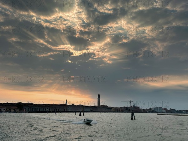View over the lagoon to Venice with St Mark's Tower, lagoon city of Venice, Veneto, Italy