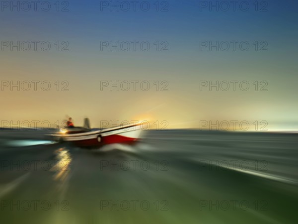 Boat on the lagoon off Venice, zoom effect, lagoon city Venice, Veneto, Italy